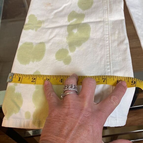 Cream with green tie-dye painter, pants jeans. High waisted, wide leg size 26. - Picture 9 of 14